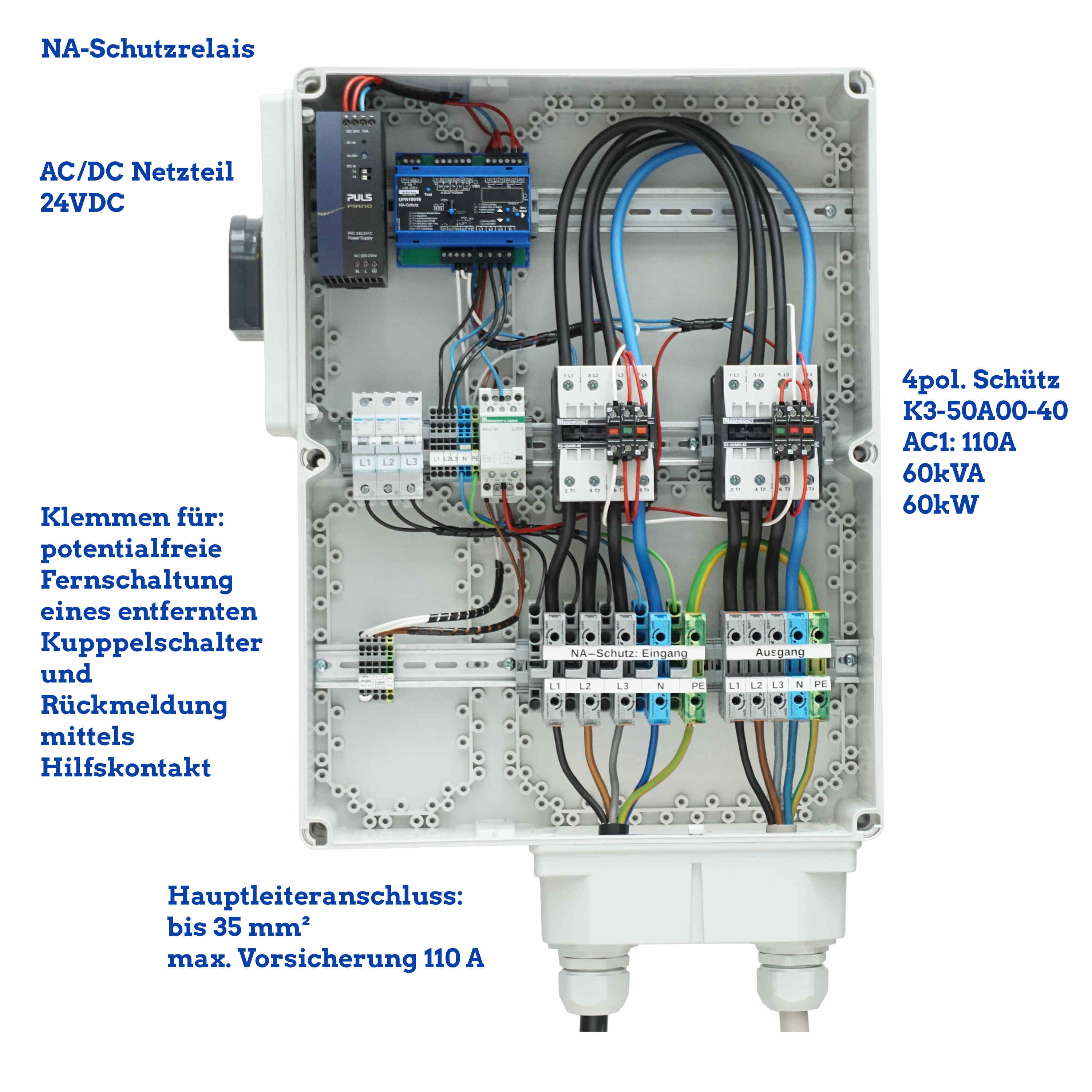 NA-Schutz 60 kW 60 kVA mit 2 Schütze und Erweiterung zu externen Kuppelschalter