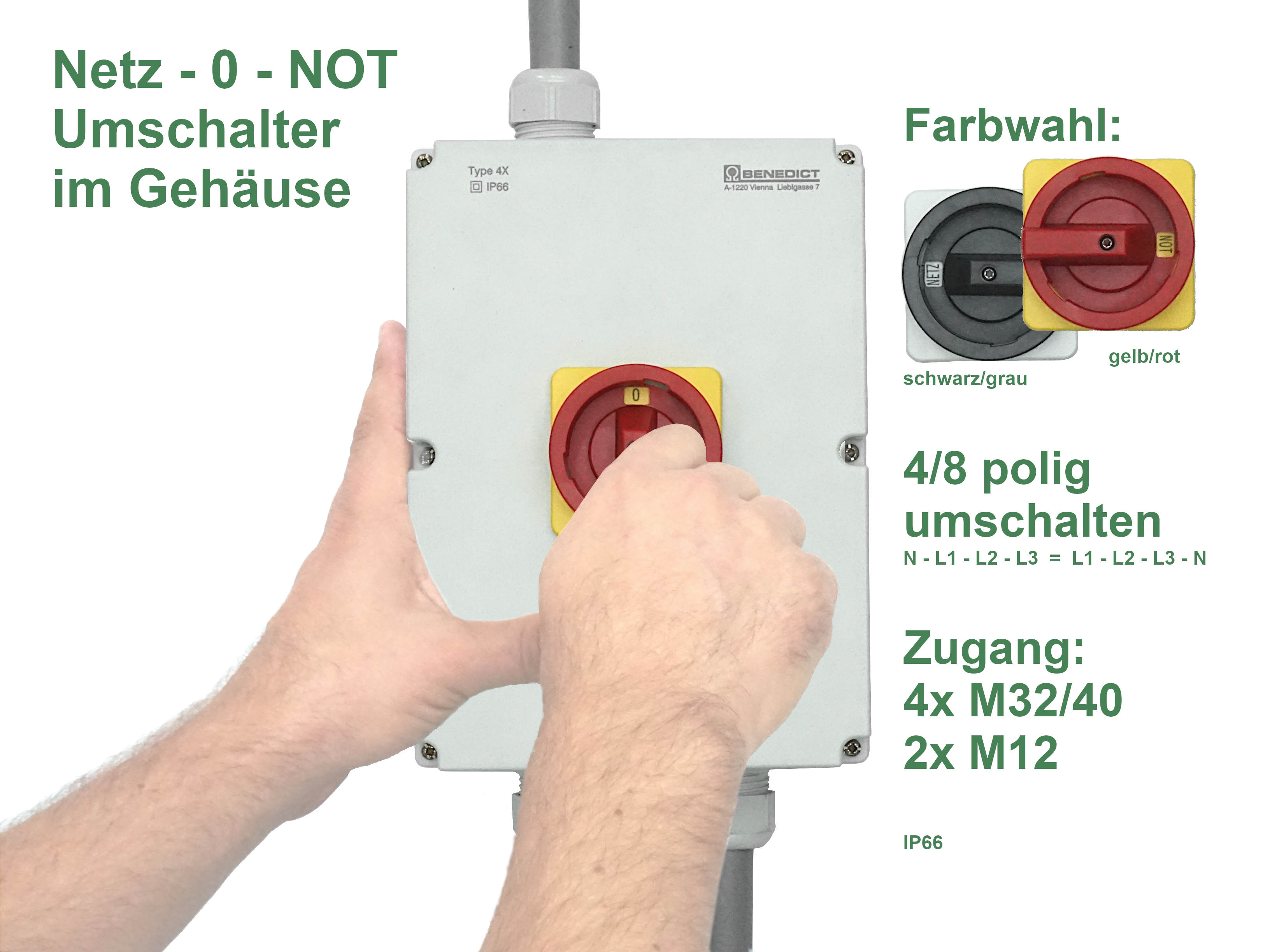 Netzumschalter Ersatzstrom Umschalter 4polig 63 Ampere im Gehäuse Rot Gelb Not AUS